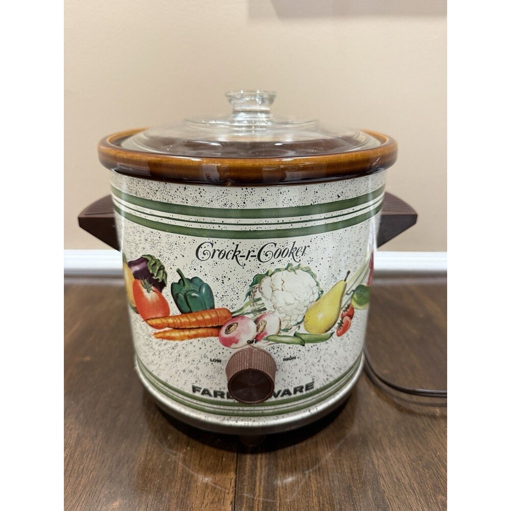 Vintage Faberware 3.5 Qt Crock Pot Slow Cooker Vegetable Design W Lid Works 70’s